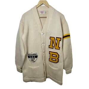 VTG 60s Letterman Cream Cardigan Varsity Letter Sweater Track Running Champs 42